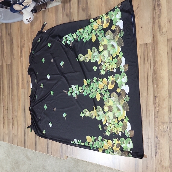 VINTAGE GRANADA Black Green Floral Mock Cinch Shoulder Mumu Kaftan Housecoat - Picture 2 of 11